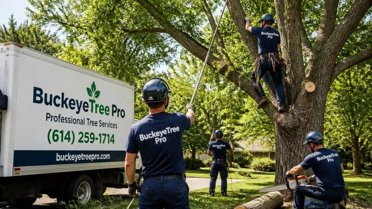 Tree Service Worthington OH 3 BuckeyeTree Pro arborists trimming a tree in Columbus OH