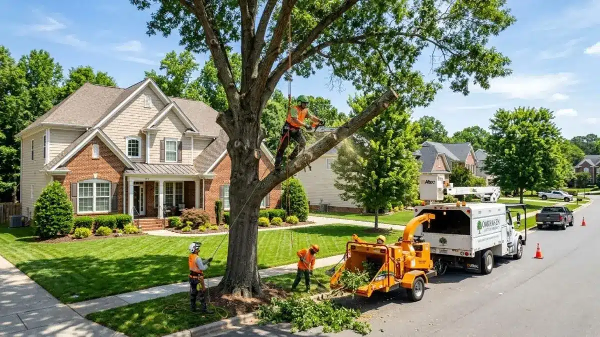 Tree Removal Columbus OH 2 Professional arborist crew removing tree near home in Columbus OH