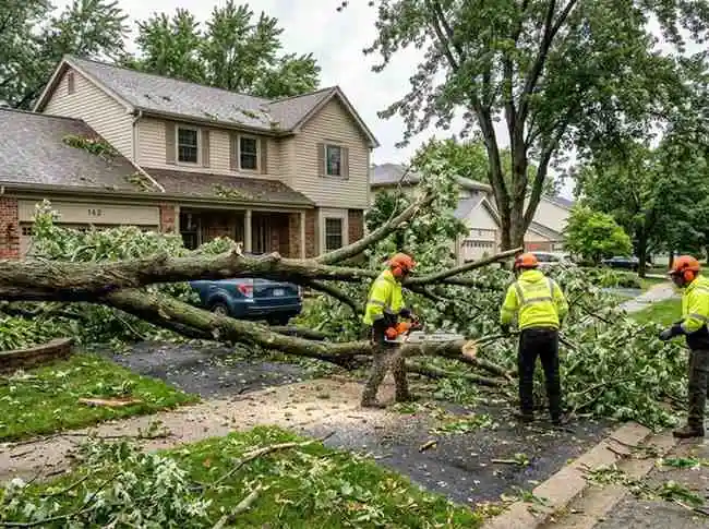 Storm Damage Tree Removal Columbus OH 1 Storm damage tree cleanup crew clearing fallen tree from driveway in Columbus OH