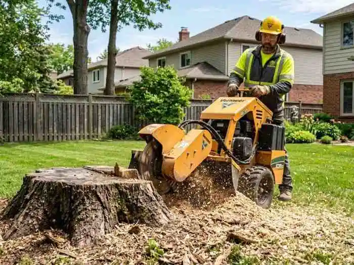 BuckeyeTree Pro grinding stumps to contractor-specified depth on a Pickerington OH building lot