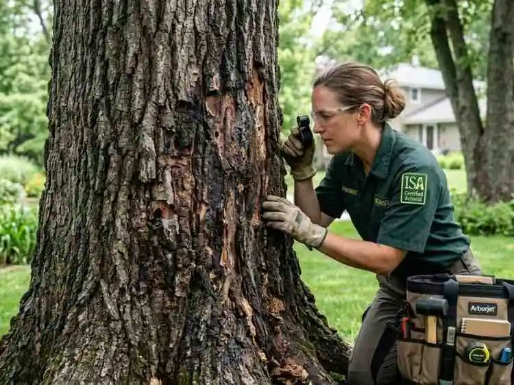 Arborist inspecting tree structure and root system in Columbus OH