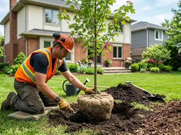 Professional tree planting service in Columbus OH residential backyard