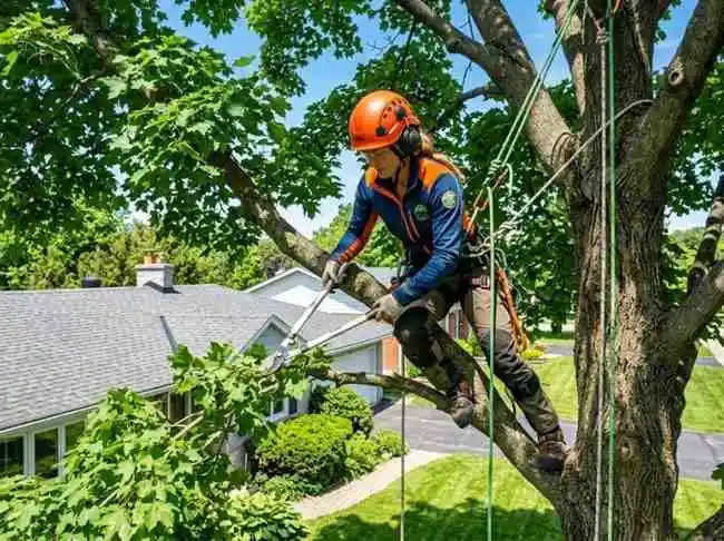 Certified arborist trimming tree branches near residential home in Columbus OH