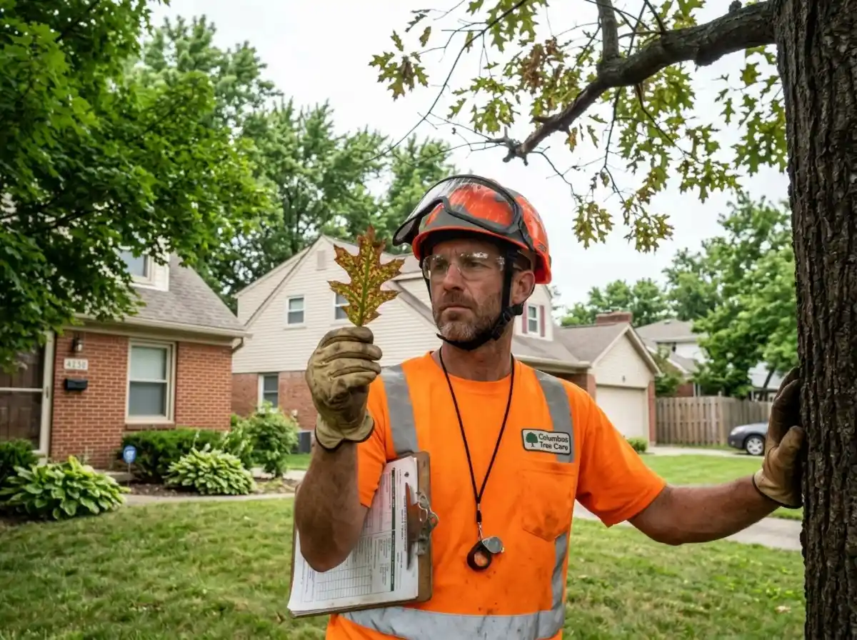 Arborist examining a diseased leaf sample beside a declining tree in Columbus OH