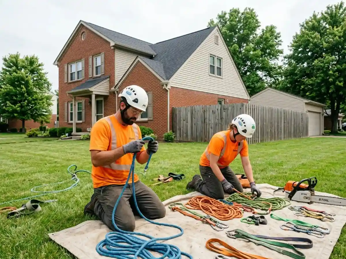 Arborist in a bucket truck trimming maple branches off a house roof in Columbus OH