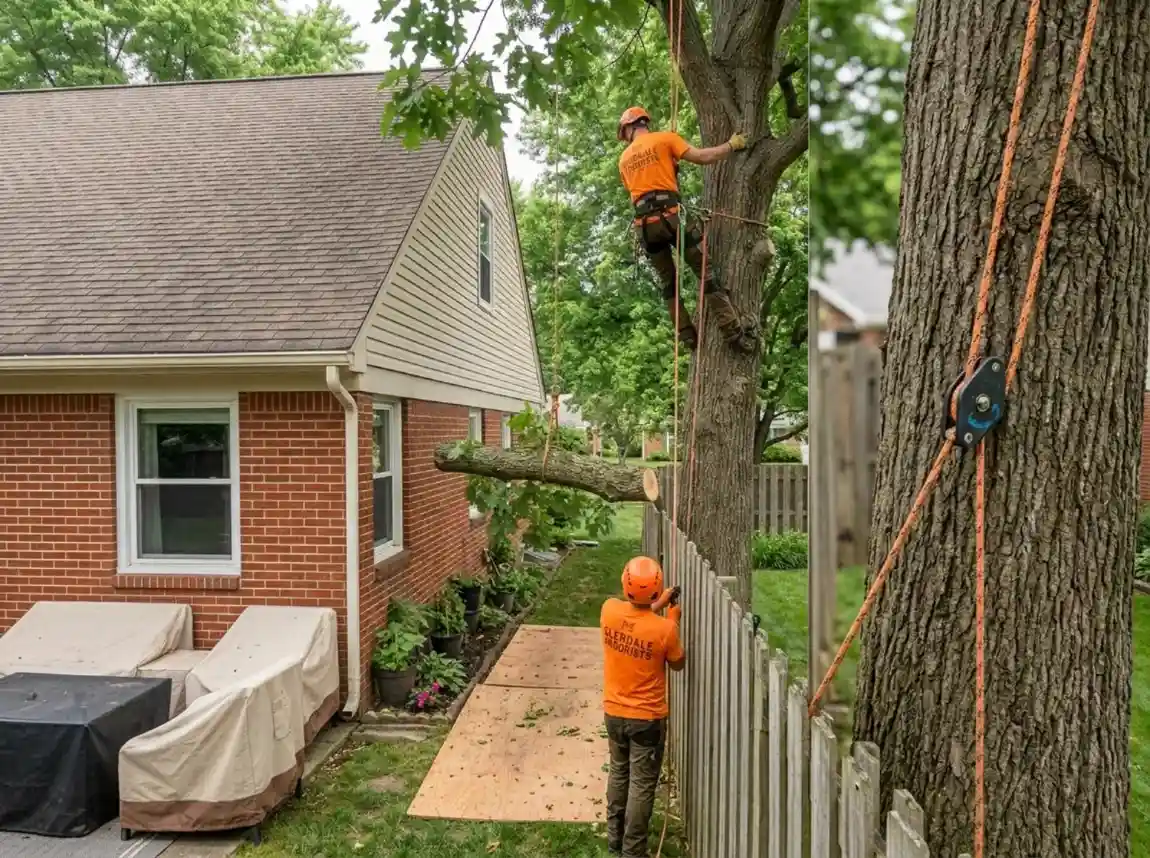 Residential Tree Service Columbus OH 1 Arborist rigging a limb down through a narrow gap beside a Columbus OH home