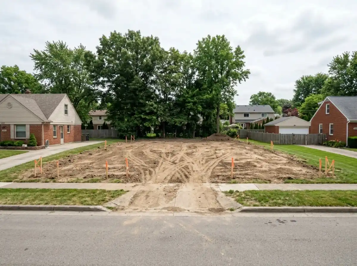 Land Clearing Columbus OH 2 Cleared and levelled building lot with survey stakes ready for construction in Columbus OH