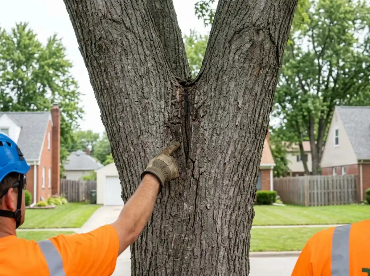 Co-dominant stems with included bark and an opening crack on a mature tree