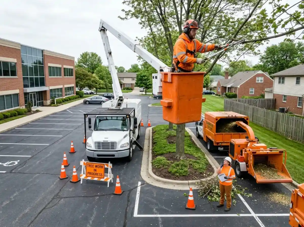 Tree crew trimming landscaping at a Columbus OH office park with the work zone coned off