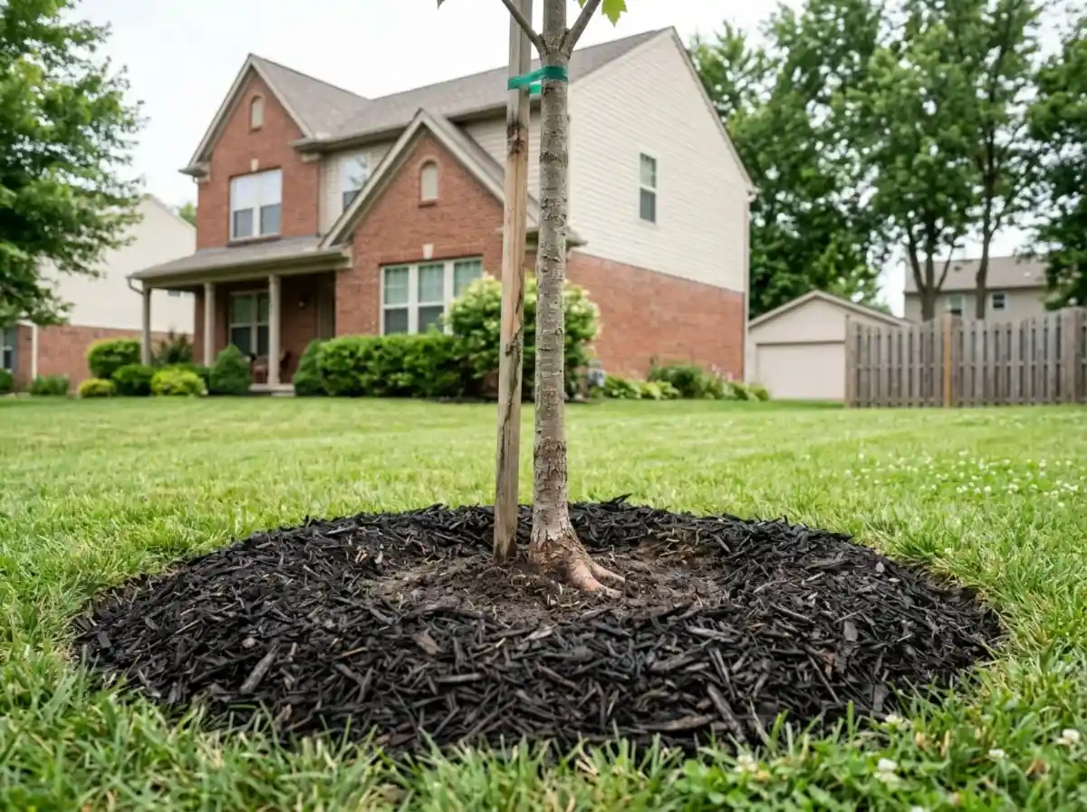 Tree Planting Columbus OH 2 Correct flat mulch ring pulled back from the root flare of a newly planted tree