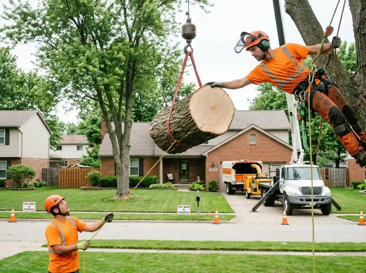 Crane-assisted tree removal lifting a sectioned oak trunk from a Columbus OH back yard