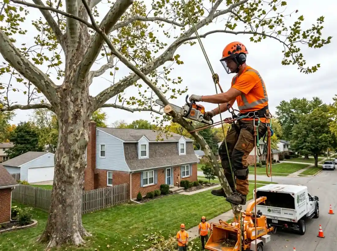 Arborist performing a crown reduction on an oversized sycamore in Columbus OH