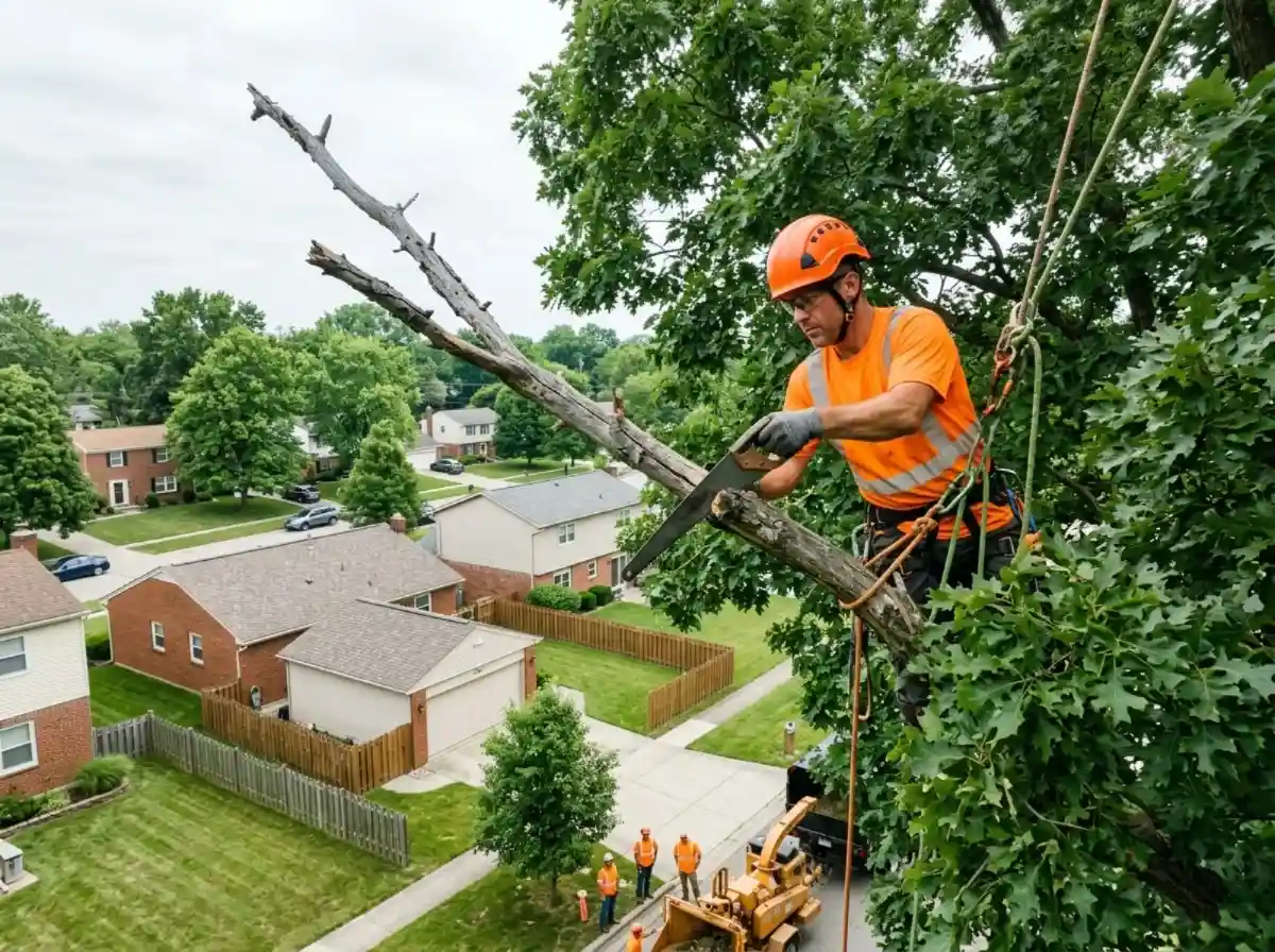 Arborist removing a dead grey limb from inside a living oak canopy in Columbus OH