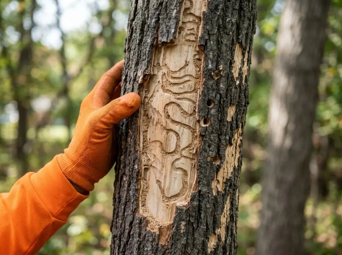 Emerald ash borer galleries and D-shaped exit holes under ash bark in Columbus OH