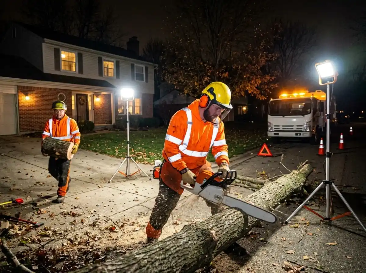 Emergency tree crew clearing a fallen limb from a driveway at night in Columbus OH