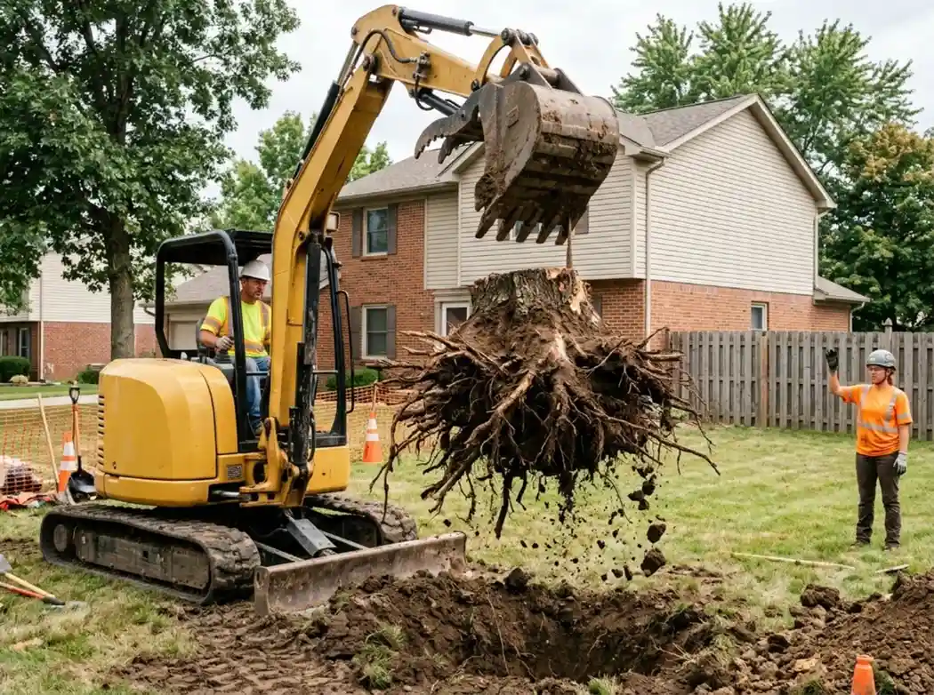 Stump Removal Columbus OH 1 Compact excavator lifting a full tree stump and root ball out of a Columbus OH lawn