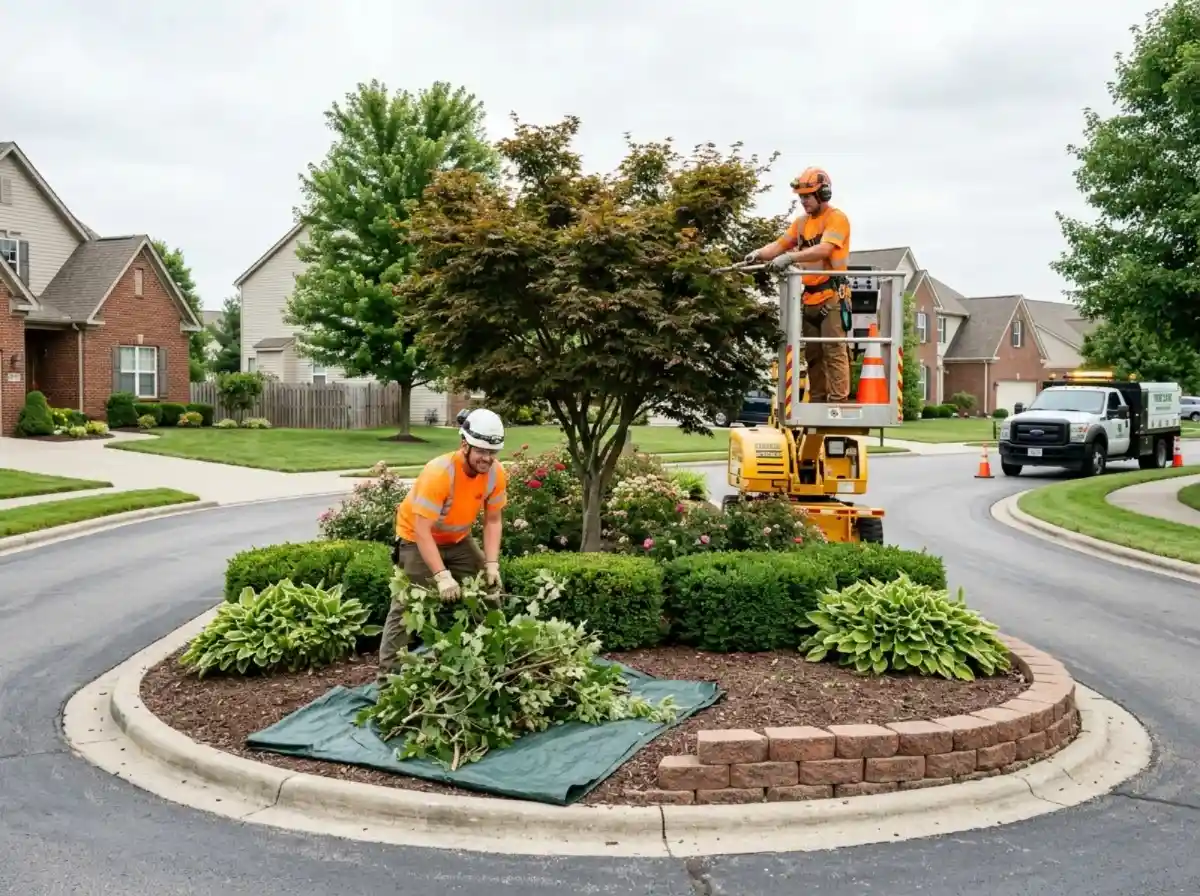 Tree crew maintaining an HOA community entrance landscape in Columbus OH