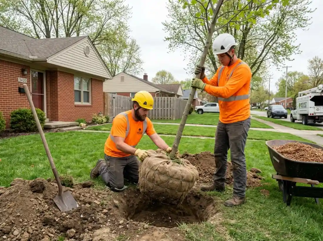 Tree Planting Columbus OH 1 Crew planting a young tree at correct depth with the root flare at grade in Columbus OH