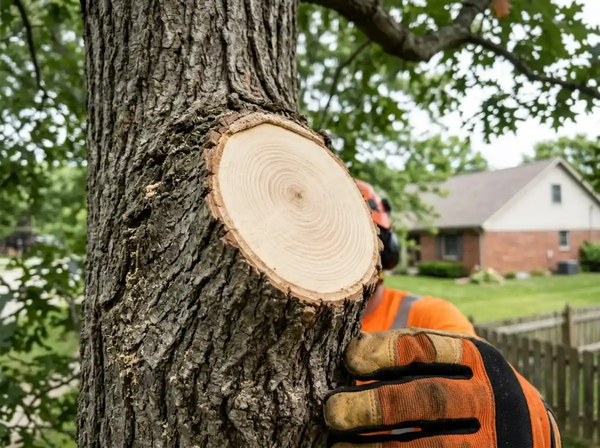 Close-up of a correct pruning cut made just outside the branch collar