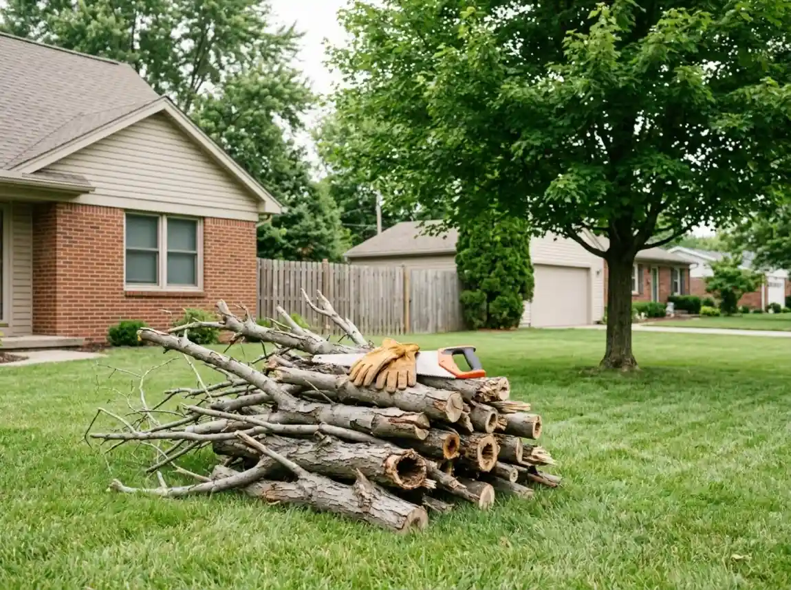 Stack of dead branches removed during deadwooding beside the living tree in Columbus OH