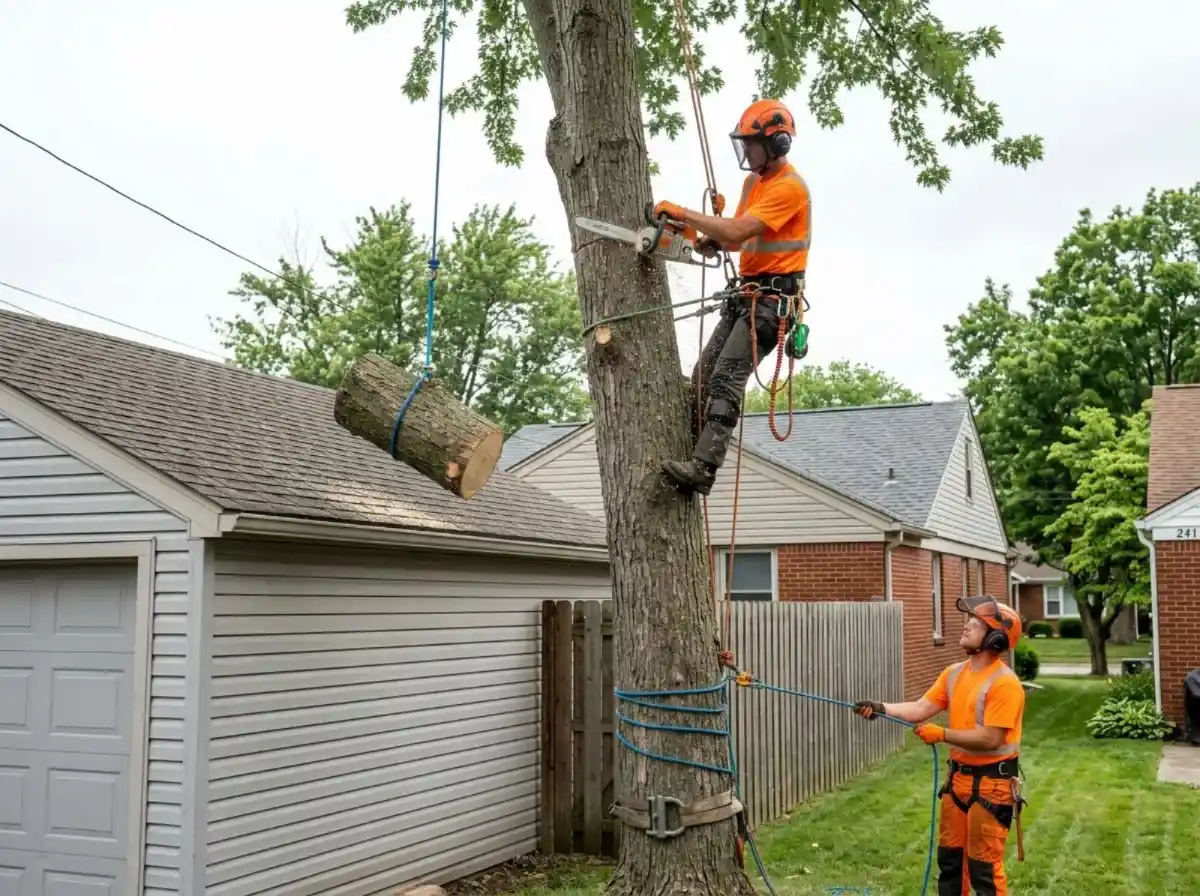 Arborist sectionally dismantling a silver maple beside a garage roof in Columbus OH