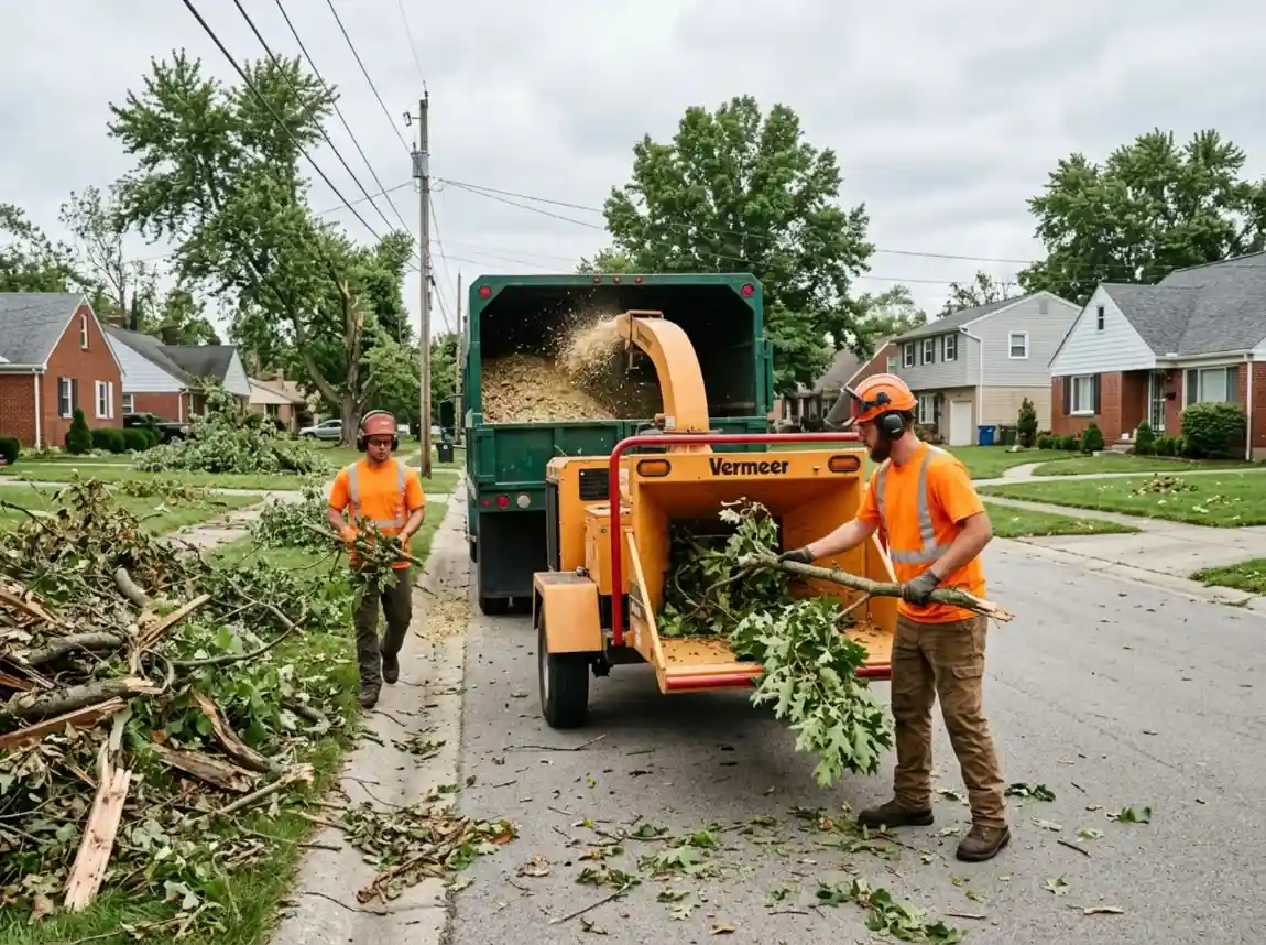 Crew chipping storm-damaged branches into a truck on a Columbus OH street