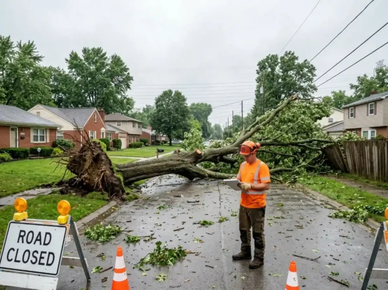 A Tree Just Came Down. Who Do You Call in Columbus? 7 Storm-fallen tree blocking a residential street in Columbus OH with the root plate lifted