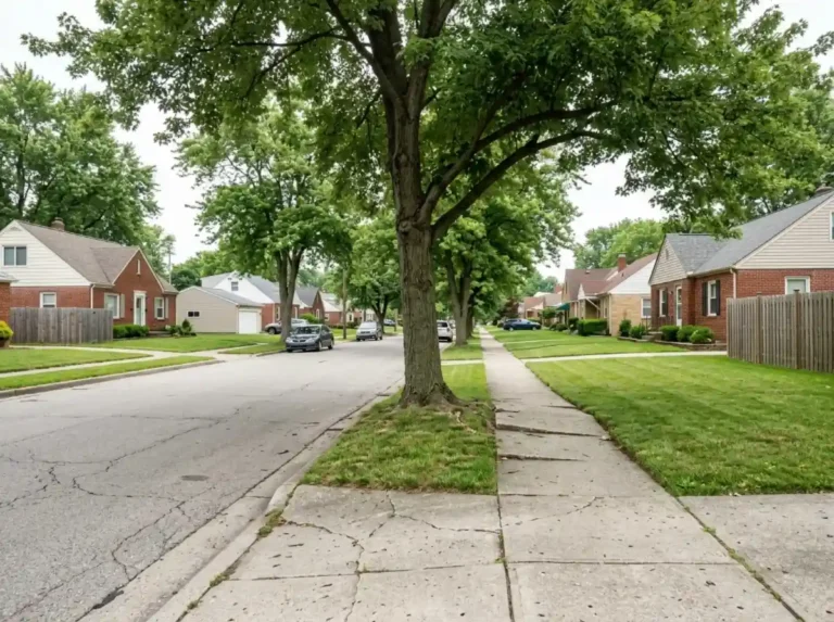 Who Is Responsible for the Tree in Your Tree Lawn? It Depends Which Side of the Line You Live On 5 Mature street tree in the tree lawn with roots lifting the pavement in Columbus OH