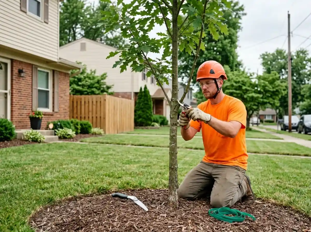 Arborist making a structural pruning cut on a young oak in Columbus OH
