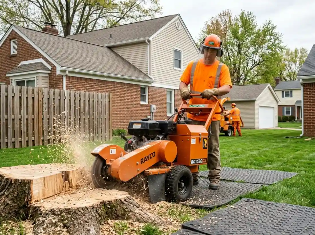 Stump Grinding Columbus OH 1 Operator running a stump grinder cutting an oak stump below grade in Columbus OH