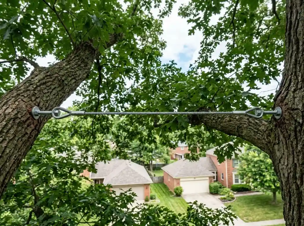 Steel support cable installed between two limbs of a mature tree in Columbus OH