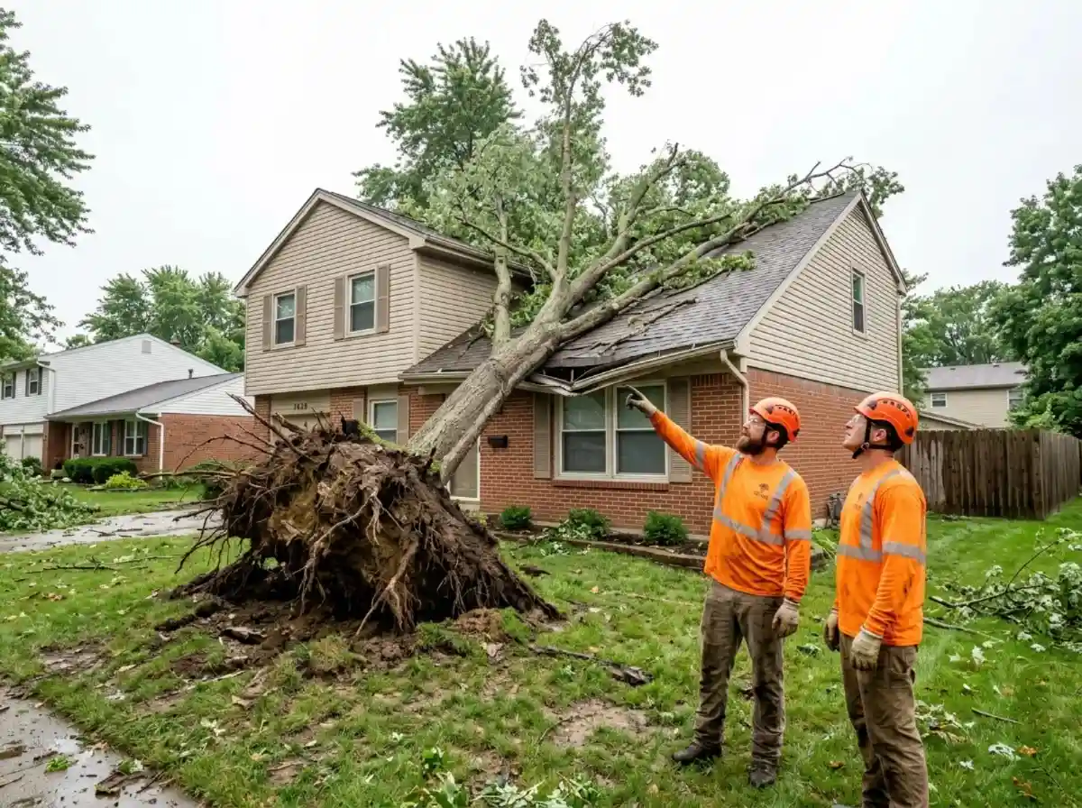 Storm-fallen tree resting on a house roof with arborists assessing from the lawn in Columbus OH
