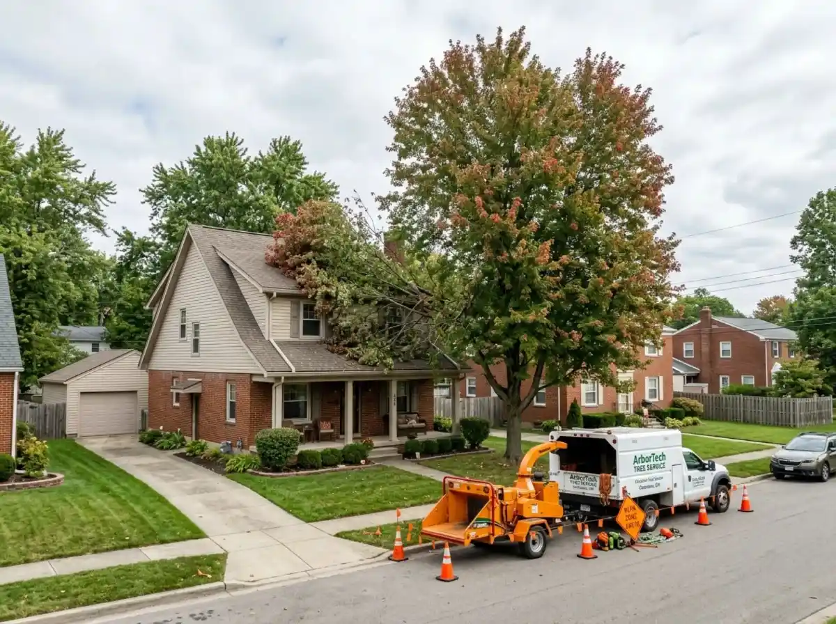 The same maple after professional trimming with the canopy lifted clear of the roof