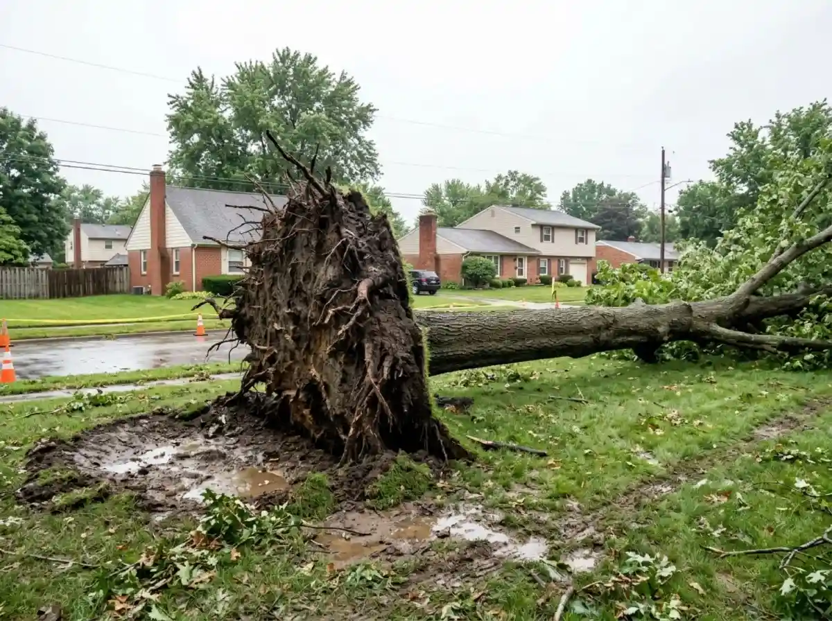 What Central Ohio Windstorms Actually Do to Trees (and Why They Uproot Instead of Snapping) 1 Tree uprooted whole with the root plate lifted from saturated soil in Columbus OH